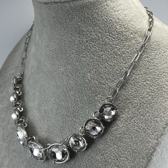 Silver Tone White Glass Rhinestone Collar Necklace Statement Bling Elegant - Picture 3 of 6